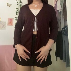 brown glittery tie up cardigan